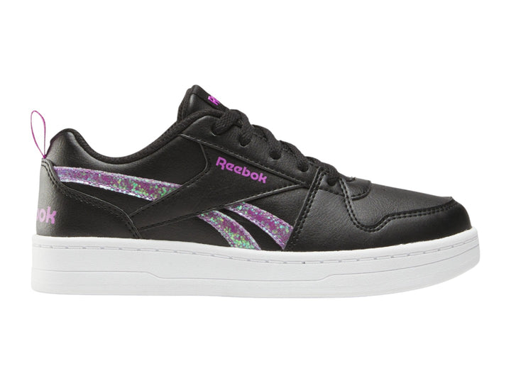 Tenis Reebok negros con suela blanca y detalles laterales en morado brillante.