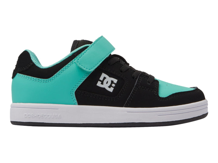 Tenis DC Shoes color negro y aqua con correa de velcro y suela blanca.