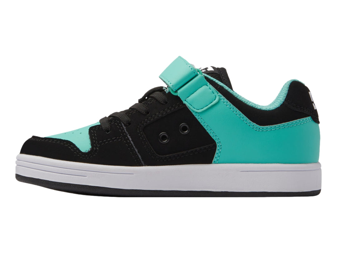 Tenis DC Shoes color negro y aqua con correa de velcro y suela blanca.