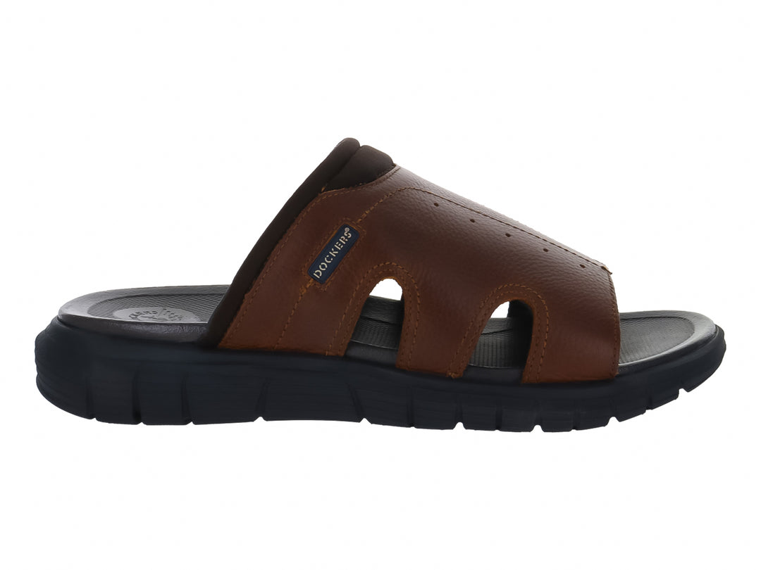 Sandalia Dockers color café con suela azul marino oscuro, diseño deslizable.