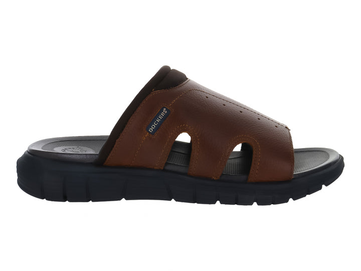 Sandalia Dockers color café con suela azul marino oscuro, diseño deslizable.