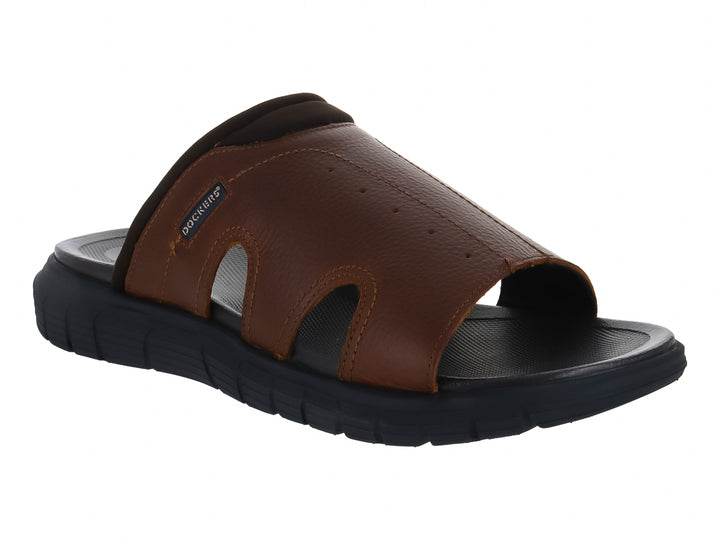Sandalia Dockers color café con suela azul marino oscuro, diseño deslizable.