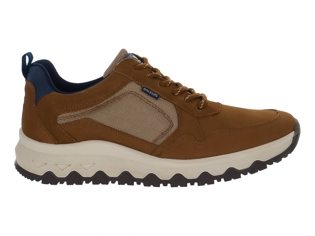 Zapato casual Dockers color café con suela blanca y detalles en azul.