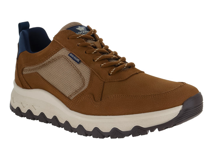 Zapato casual Dockers color café con suela blanca y detalles en azul.