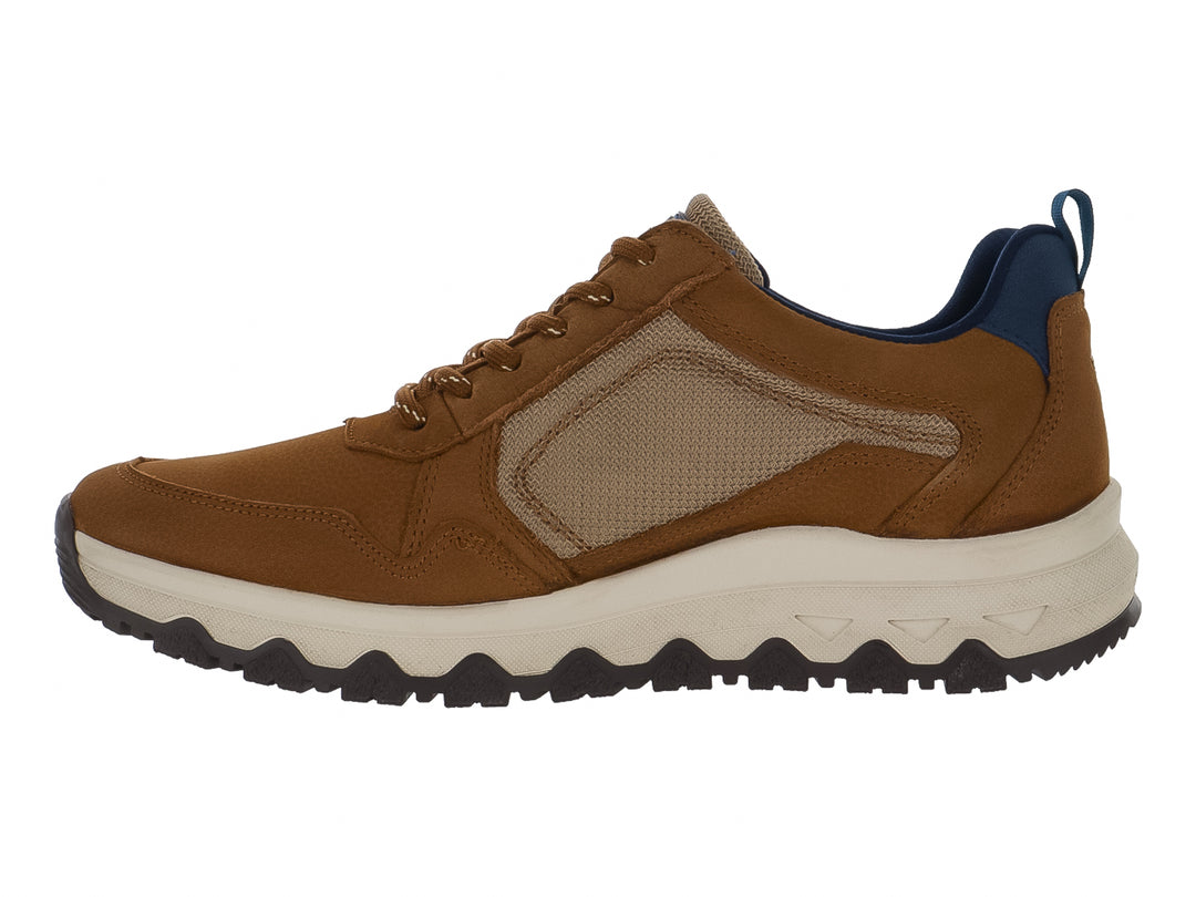 Zapato casual Dockers color café con suela blanca y detalles en azul.