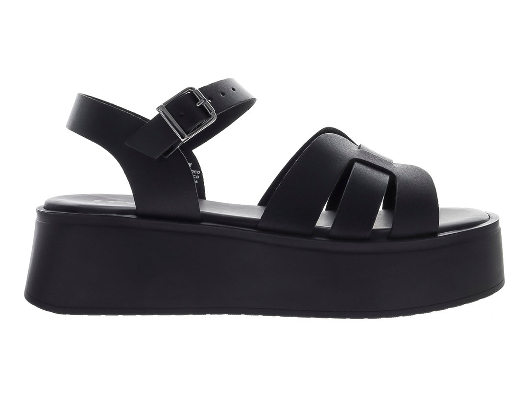 Sandalia de plataforma color negro con correas frontales y hebilla ajustable en el tobillo.