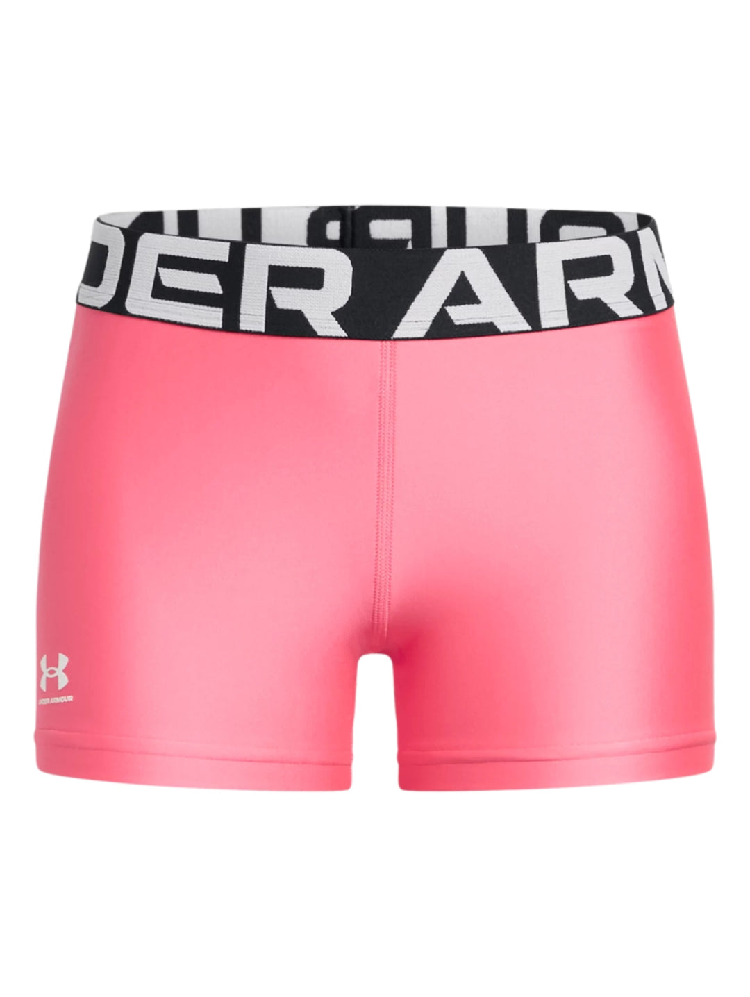 Shorts deportivos ajustados color rosa con banda elástica ancha en la cintura con texto en blanco y negro.