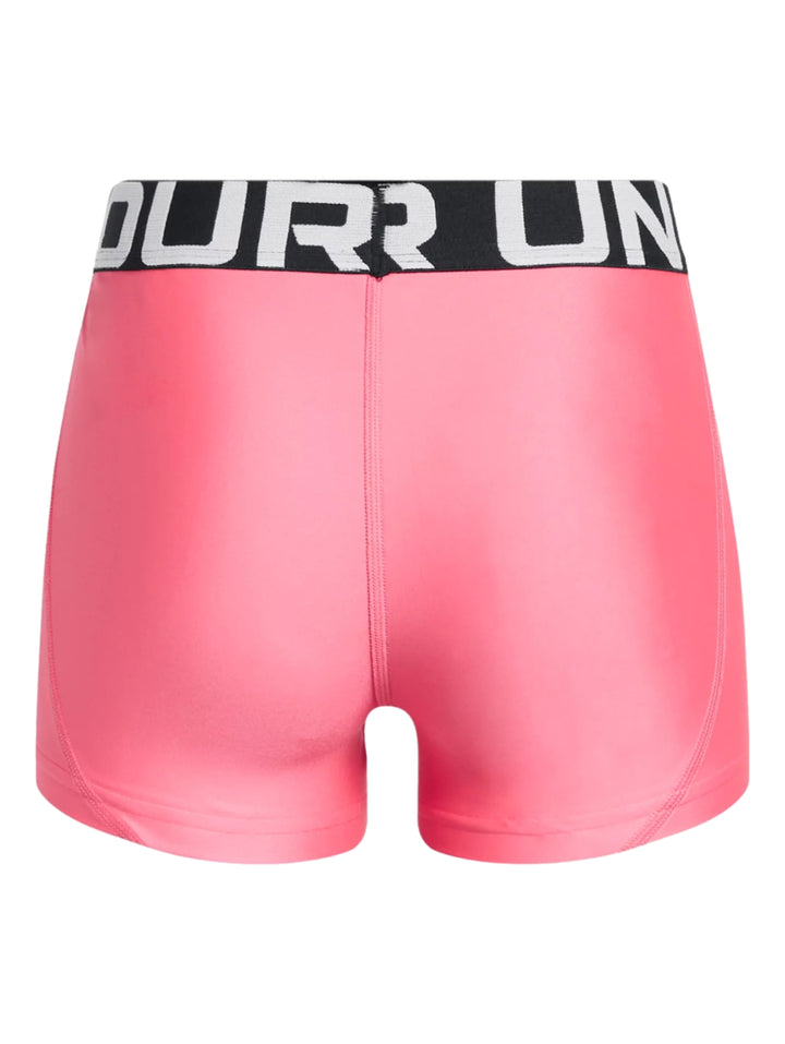 Shorts deportivos ajustados color rosa con banda elástica ancha en la cintura con texto en blanco y negro.
