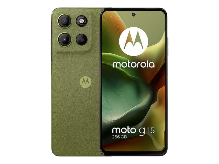 Smartphone Motorola G15 en color verde, vista frontal y posterior.