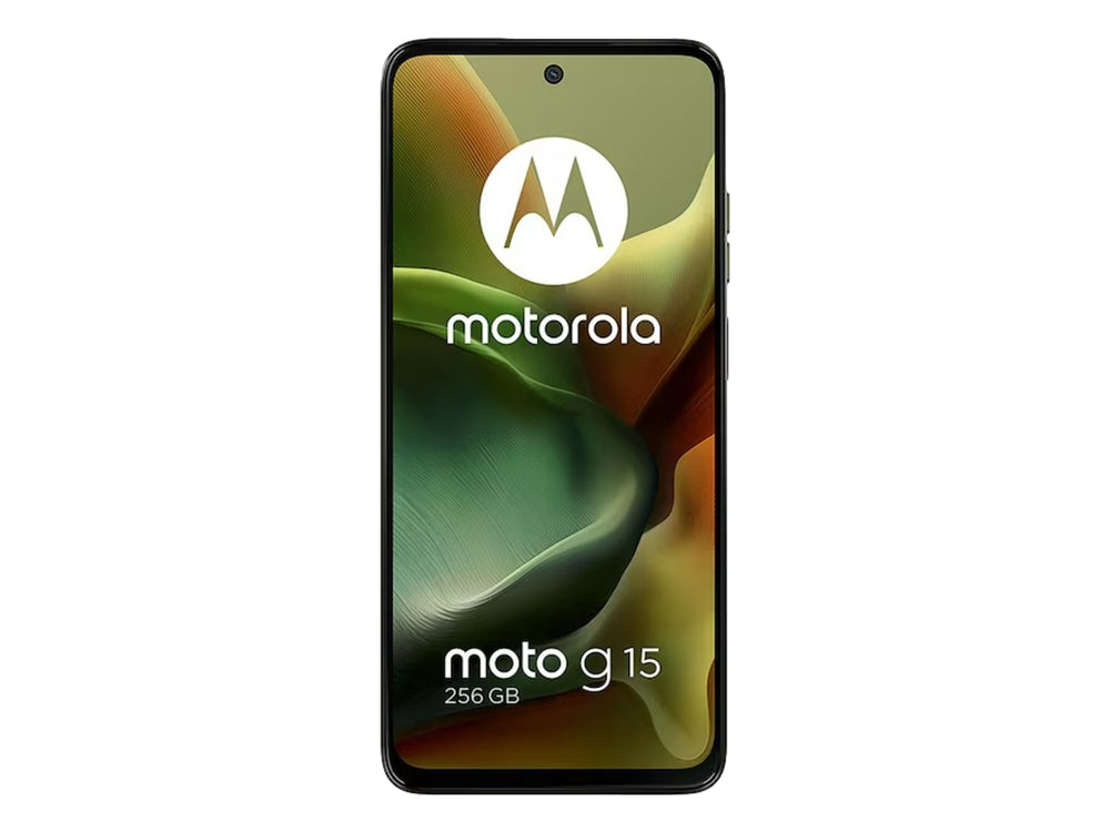 Smartphone Motorola G15 en color verde, vista frontal y posterior.