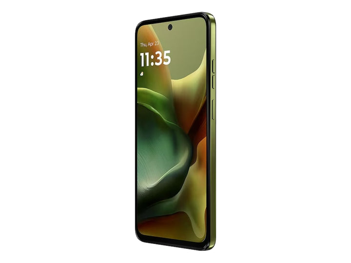 Smartphone Motorola G15 en color verde, vista frontal y posterior.