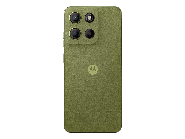 Smartphone Motorola G15 en color verde, vista frontal y posterior.