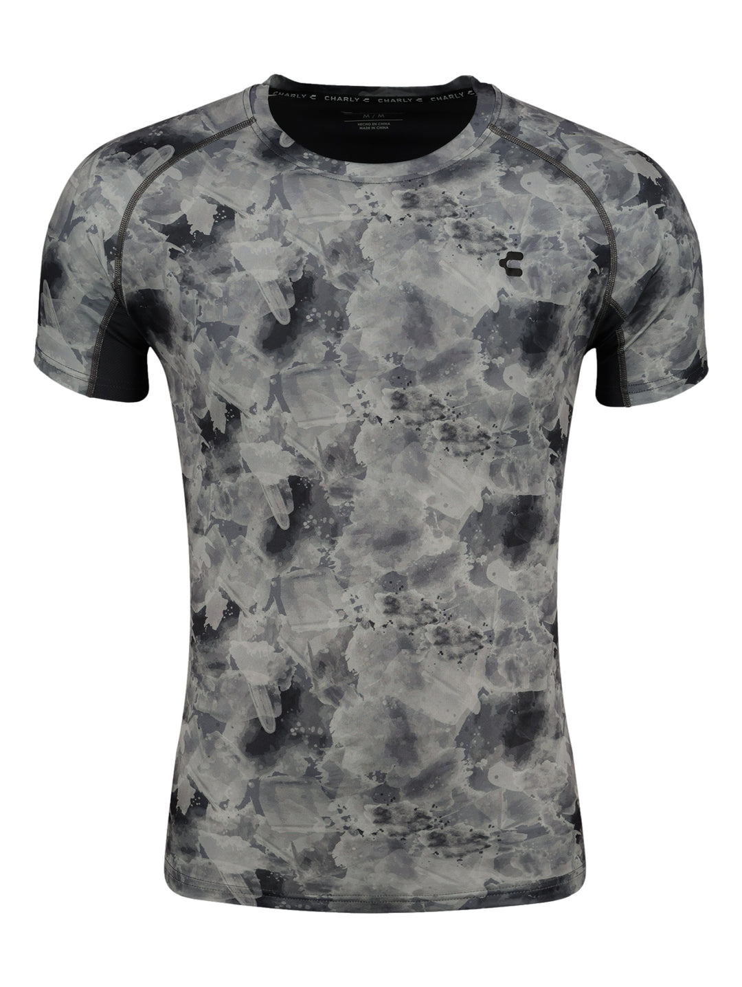 Playera deportiva de manga corta con estampado abstracto en tonos gris y negro.