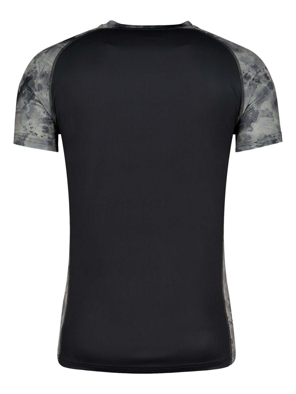 Playera deportiva de manga corta con estampado abstracto en tonos gris y negro.