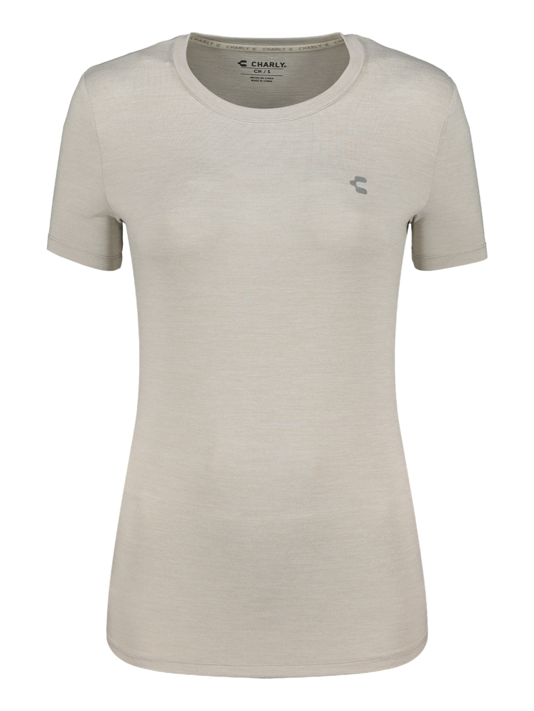 Playera deportiva de manga corta y cuello redondo en color gris claro para mujer, marca Charly.