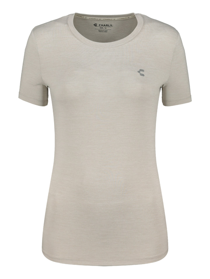 Playera deportiva de manga corta y cuello redondo en color gris claro para mujer, marca Charly.