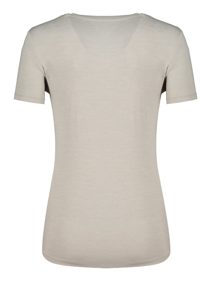 Playera deportiva de manga corta y cuello redondo en color gris claro para mujer, marca Charly.