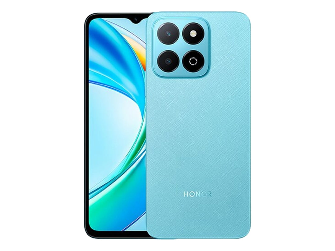 Teléfono inteligente HONOR Play 9A en color azul con acabado texturizado y módulo de cuatro cámaras traseras.