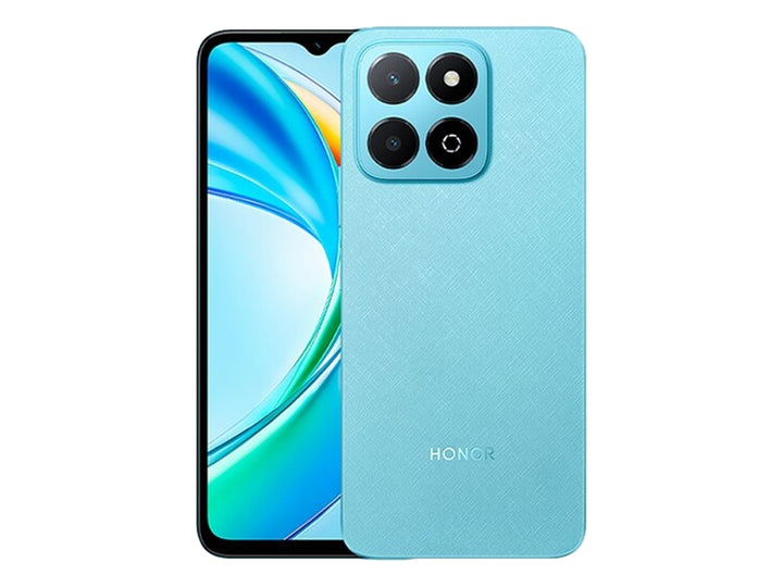 Teléfono inteligente HONOR Play 9A en color azul con acabado texturizado y módulo de cuatro cámaras traseras.
