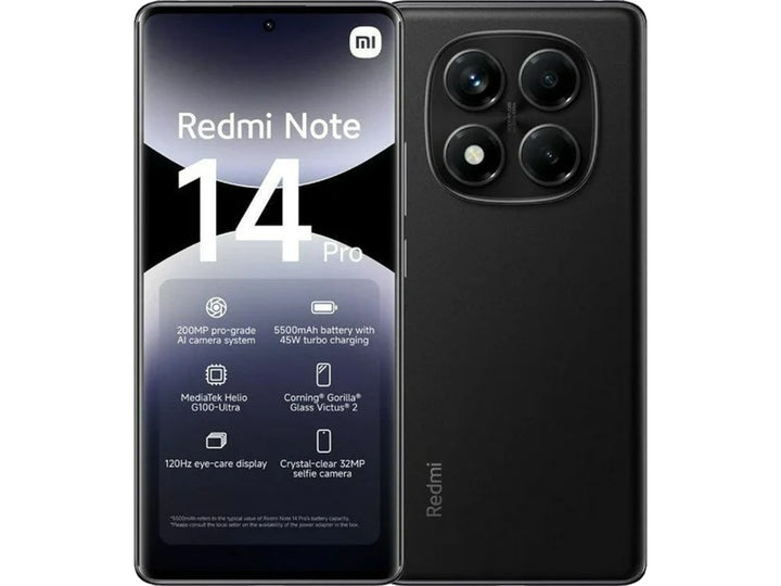 Smartphone Redmi Note 14 Pro en color negro medianoche, vista frontal y trasera.