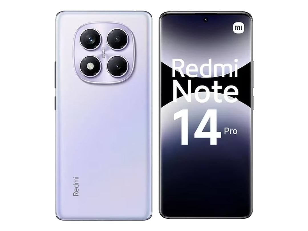 Smartphone Redmi Note 14 Pro en color Lavender Purple, vista frontal y trasera.
