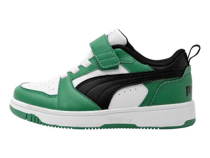 Tenis PUMA Rebound V6 Lo para Niño en colores blanco, verde y negro con cierre de velcro.