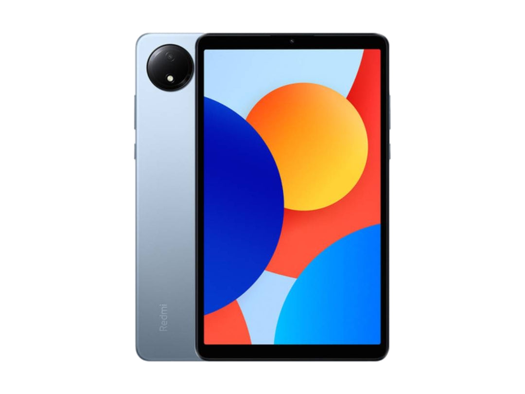 Tablet Redmi Pad SE en color Sky Blue con pantalla encendida mostrando fondo colorido y cámara trasera visible.