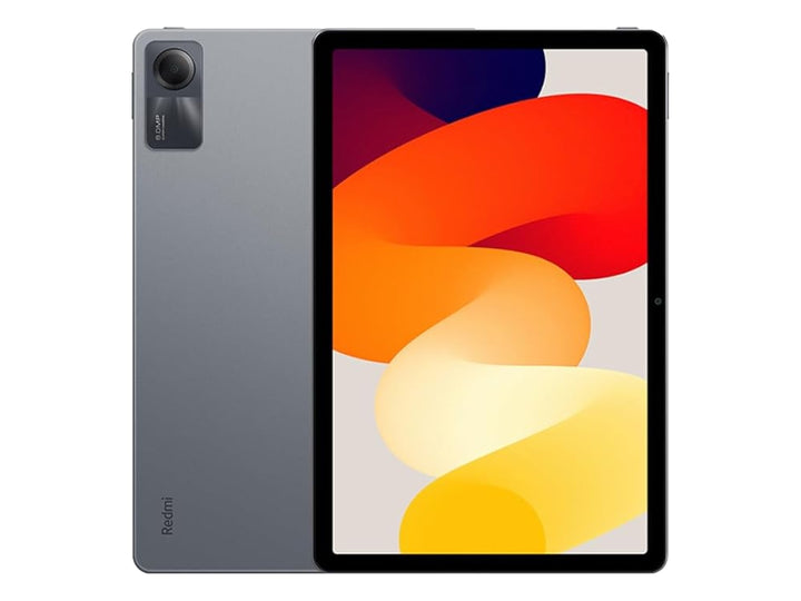 Tablet Redmi Pad SE en color gris, vista frontal y posterior sobre fondo blanco.