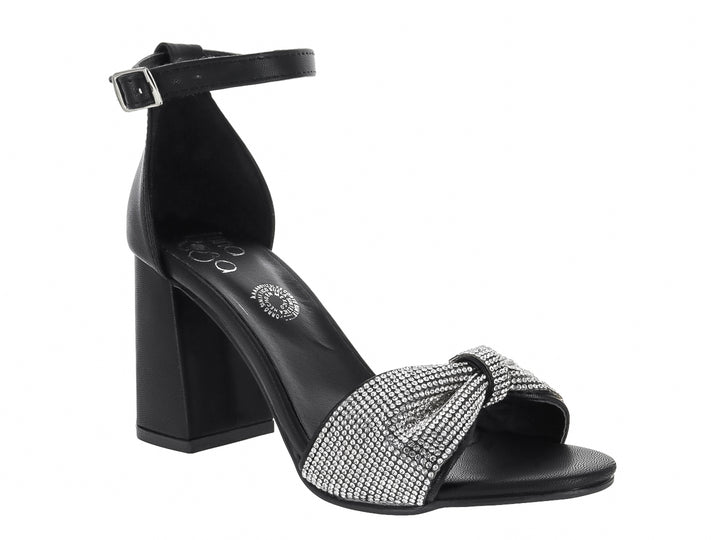 Sandalia negra de tacón bloque con correa al tobillo y detalle frontal brillante en color plata para mujer.