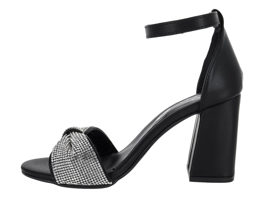 Sandalia negra de tacón bloque con correa al tobillo y detalle frontal brillante en color plata para mujer.