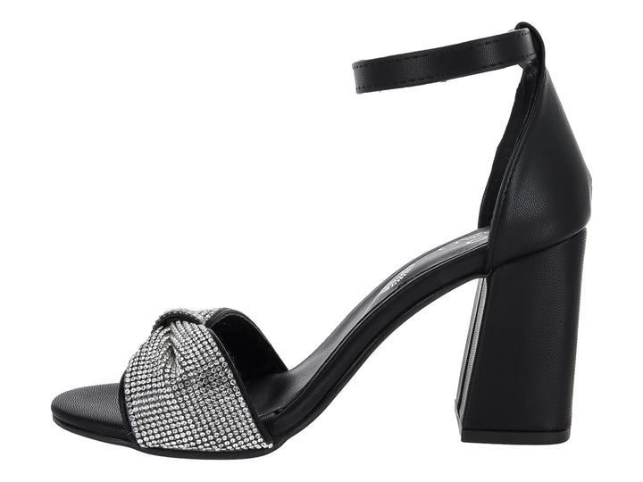 Sandalia negra de tacón bloque con correa al tobillo y detalle frontal brillante en color plata para mujer.