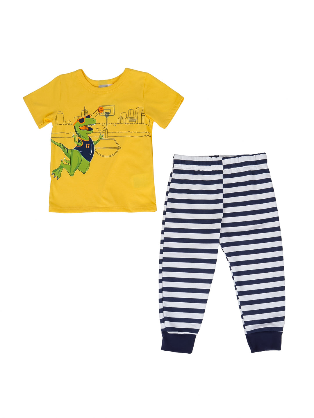Conjunto de ropa para niño con camiseta amarilla de dinosaurio y pantalón a rayas azules y blancas.