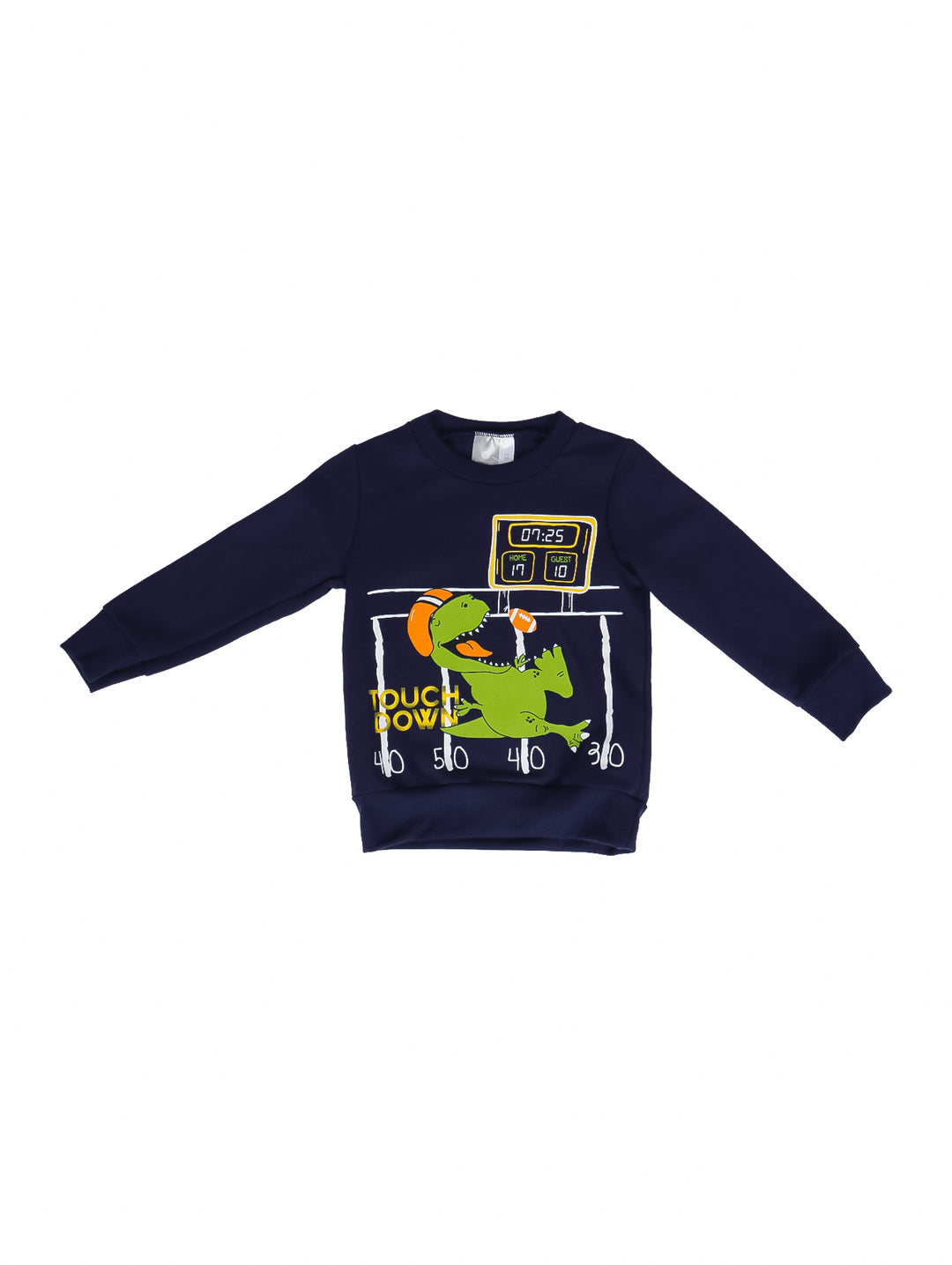 Suéter color marino para niño con estampado de un dinosaurio jugando fútbol americano.