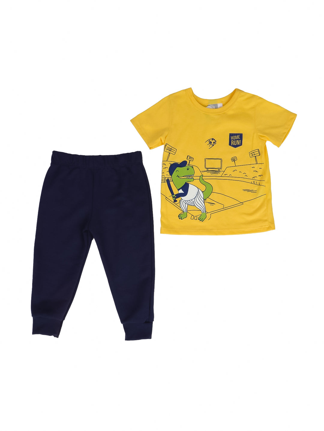Conjunto de ropa para niño compuesto por camiseta amarilla con dibujo de dinosaurio y pantalón azul marino.