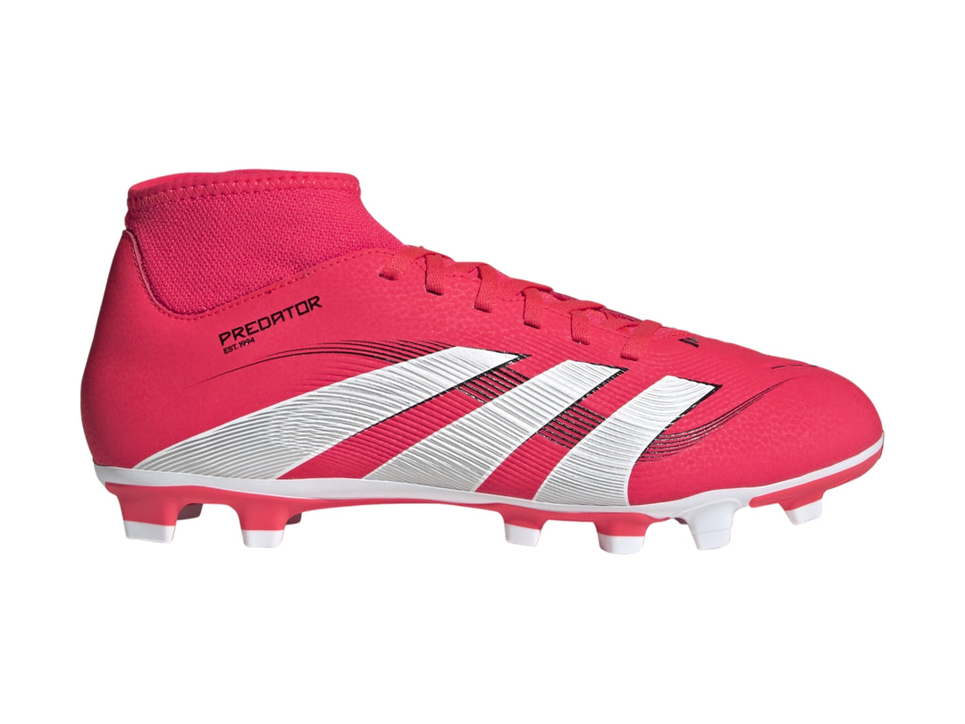 Zapato de fútbol Adidas Predator en color rojo con tres franjas blancas y diseño de cuello tipo calcetín.