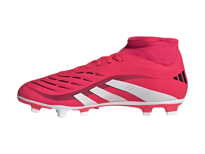 Zapato de fútbol Adidas Predator en color rojo con tres franjas blancas y diseño de cuello tipo calcetín.