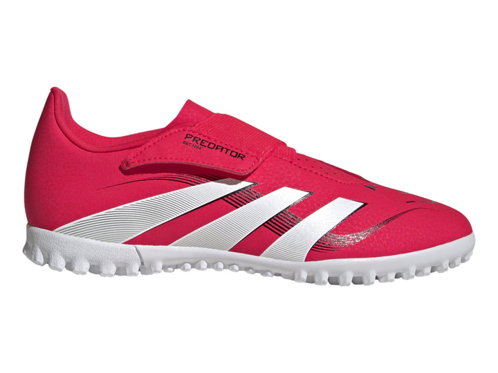 Zapato de fútbol Adidas Predator color rojo con franjas blancas y suela blanca para terreno sintético.