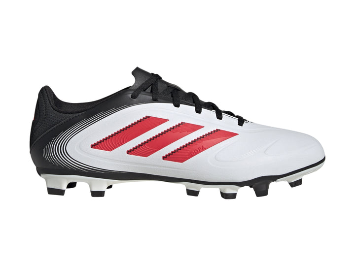 Zapato de fútbol Adidas Copa Pure 3 en color blanco con detalles en negro y franjas rojas laterales.