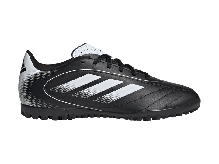 Zapato de fútbol Adidas Goletto IX TF en color negro con detalles en blanco y suela para césped sintético.