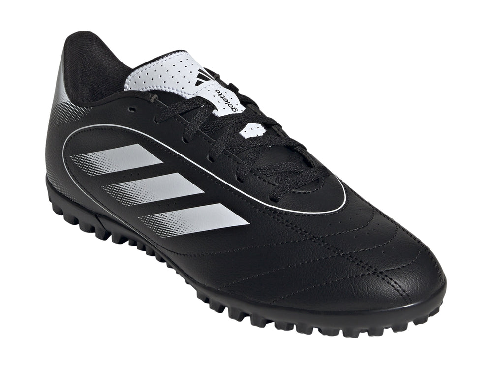 Zapato de fútbol Adidas Goletto IX TF en color negro con detalles en blanco y suela para césped sintético.