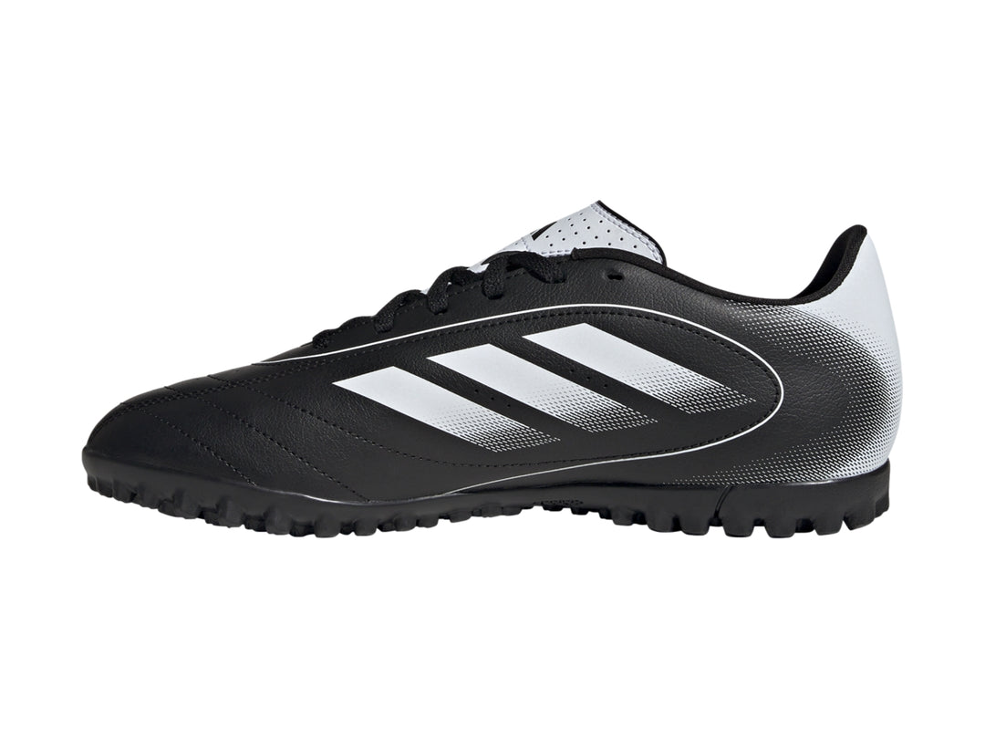Zapato de fútbol Adidas Goletto IX TF en color negro con detalles en blanco y suela para césped sintético.