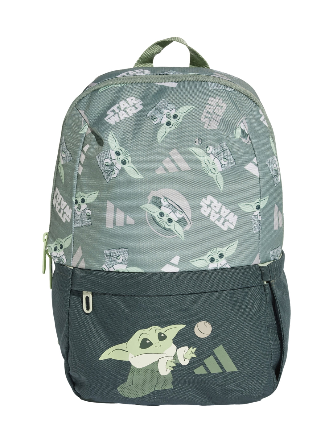 Mochila Adidas color verde con estampado de Grogu y logotipos de Star Wars.