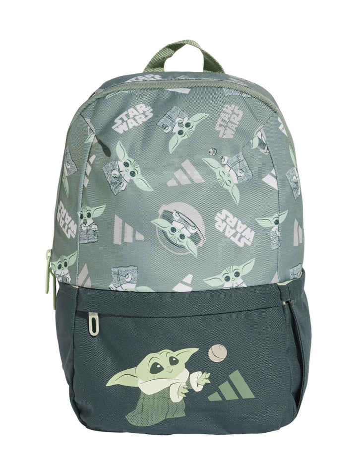 Mochila Adidas color verde con estampado de Grogu y logotipos de Star Wars.