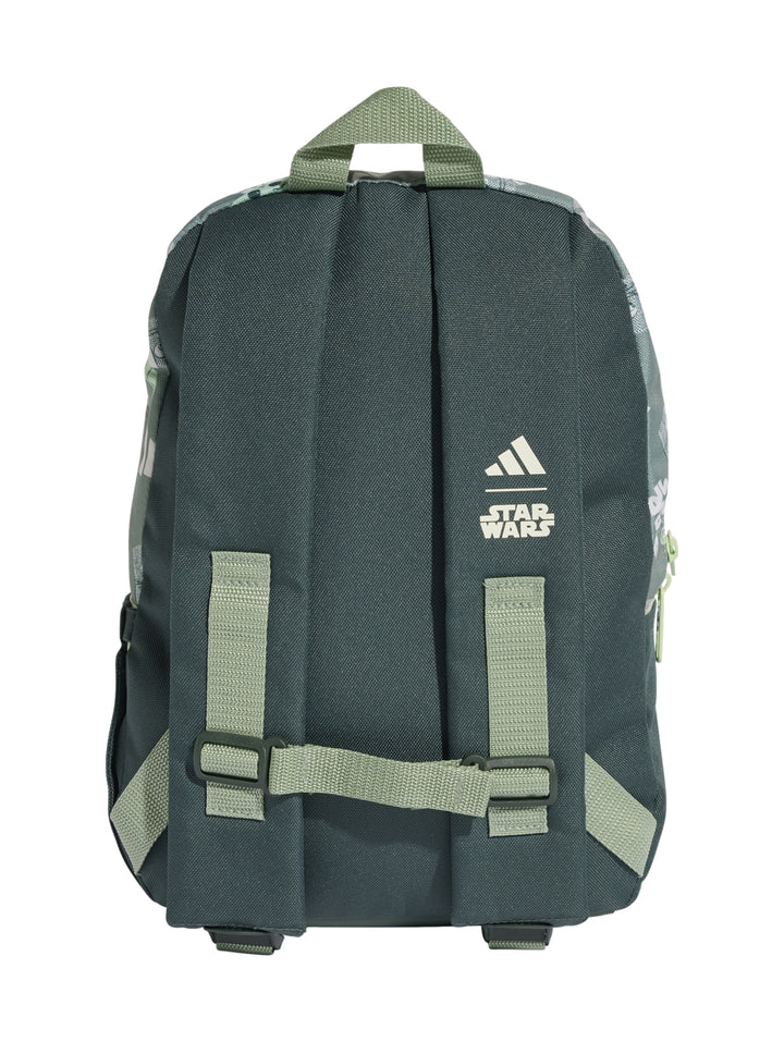 Mochila Adidas color verde con estampado de Grogu y logotipos de Star Wars.