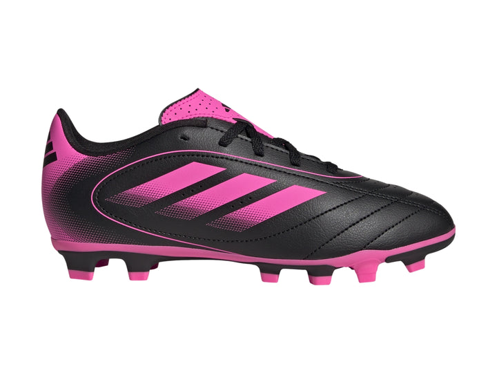 Calzado de fútbol Adidas Goletto IX color negro con franjas y suela en rosa brillante.