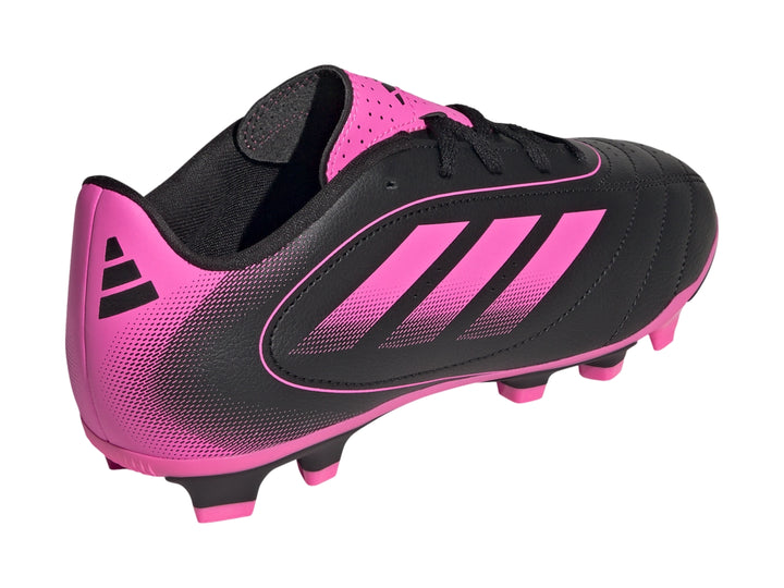 Calzado de fútbol Adidas Goletto IX color negro con franjas y suela en rosa brillante.