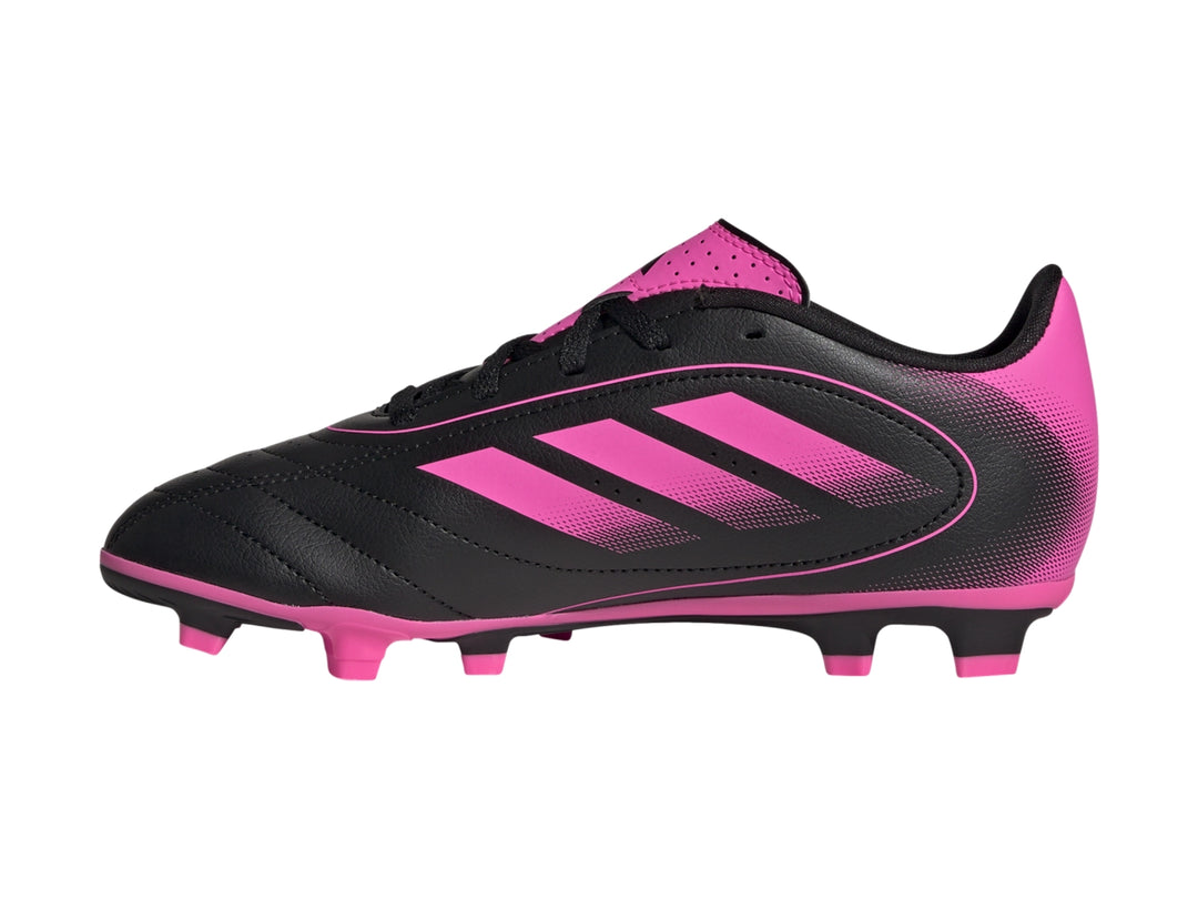 Calzado de fútbol Adidas Goletto IX color negro con franjas y suela en rosa brillante.