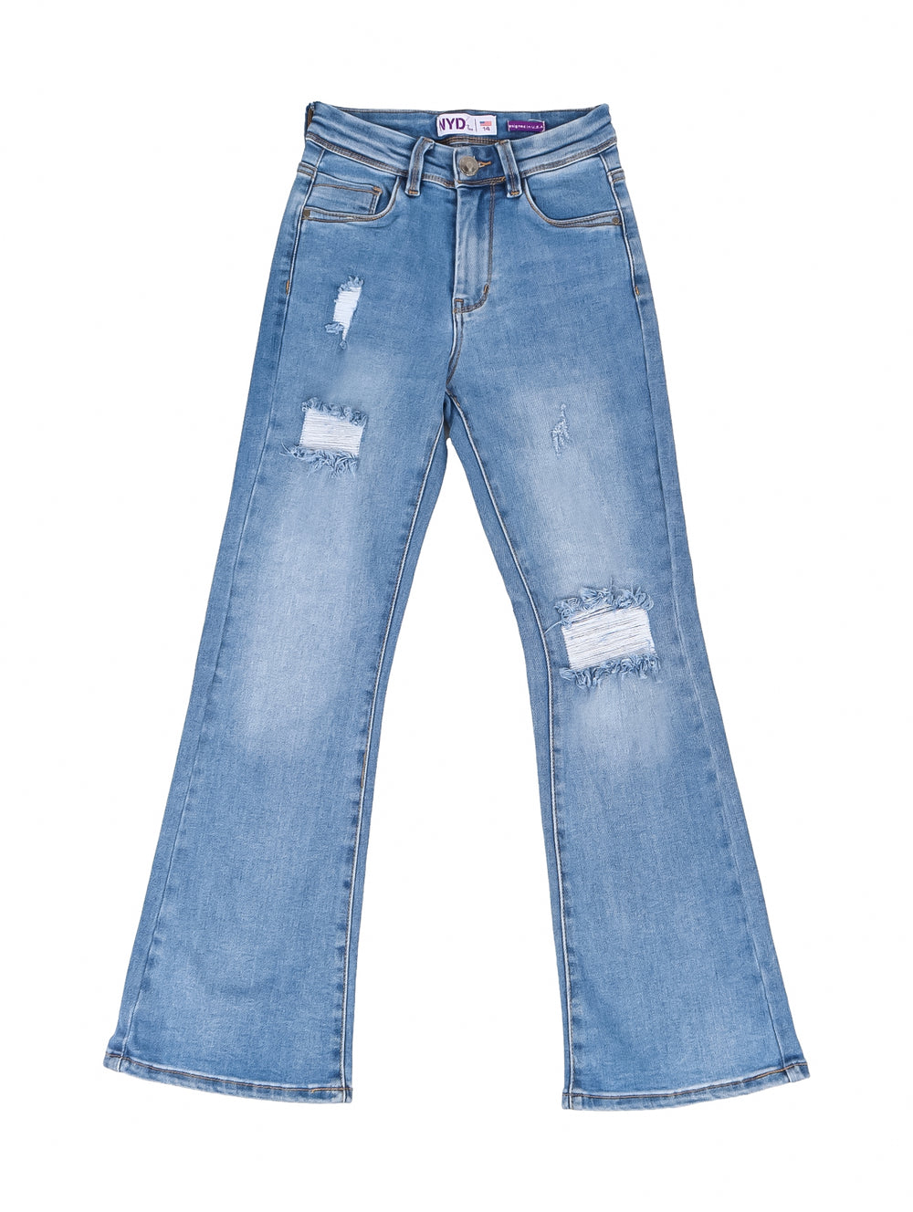 Pantalón de mezclilla azul estilo campana con detalles desgastados.