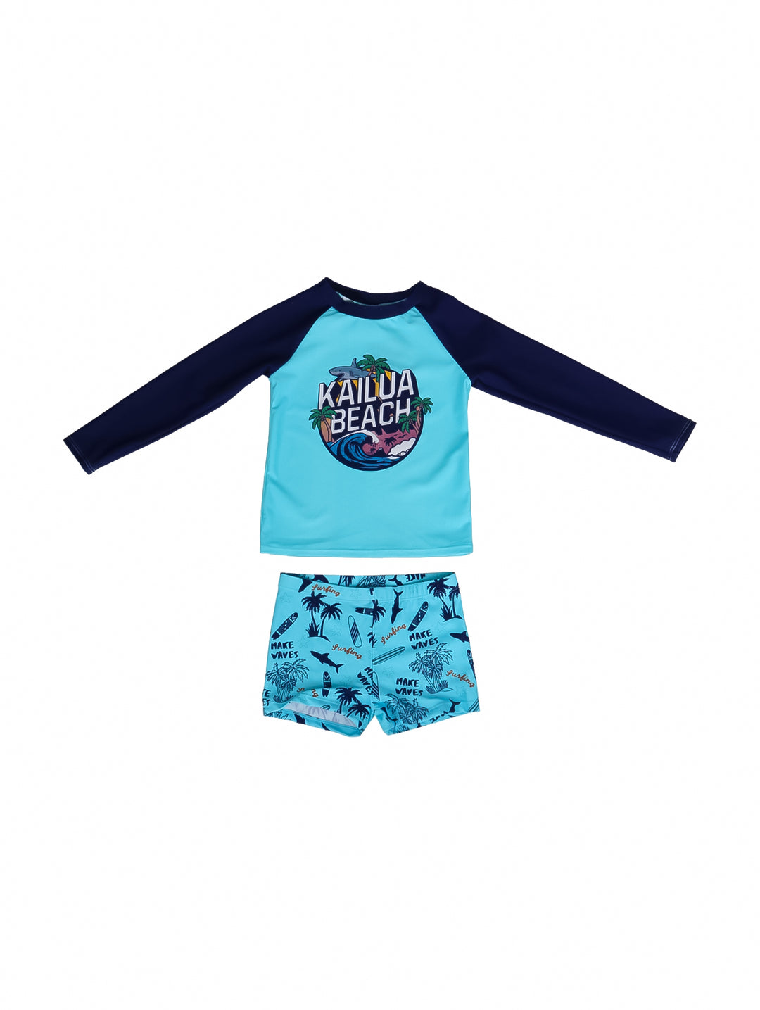 Conjunto de traje de baño para niño con camiseta manga larga aqua y marino y shorts estampados.