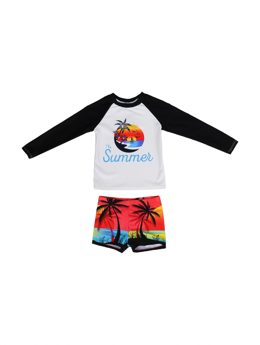 Conjunto de traje de baño para niño con camiseta de manga larga y shorts con estampado de playa y palmeras.
